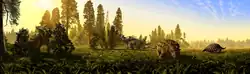 Représentation de la répartition des niches alimentaires parmi les dinosaures mégaherbivores du DPF (MAZ-2). De gauche à droite : Chasmosaurus belli, Lambeosaurus lambei, Styracosaurus albertensis, Scolosaurus cutleri (autrefois enfoncé dans Euoplocephalus tutus), Prosaurolophus maximus, Panoplosaurus mirus. Un troupeau de S. albertensis se profile à l'arrière-plan.