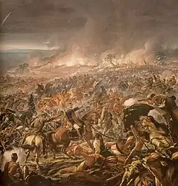 Peinture en couleurs. Sur plusieurs plans, du premier au dernier, des troupes s'affrontent de façon semble-t-il désordonnée. Au loin, un lourd nuage de fumée surmonte un incendie survenu sur des plaines.