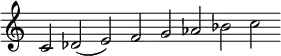 
\new Staff = "haut" \with {\remove "Time_signature_engraver"}{
\cadenzaOn
\relative c' {c2 des( e) f g aes bes c}
}

