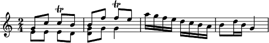 
\header {
  tagline = ##f
}

\score {
  \new Staff \with {

  }
<<
  \relative c'' {
    \key c \major
    \time 2/4
    \override TupletBracket #'bracket-visibility = ##f 
    %\autoBeamOff

     %%%%%%%%%%%%%%%%%%%%%%%%%% K15b/ K. Anh. 109b n° 2
     << { g8 c c\trill b b f' f\trill e } \\ { e,8 e e d < g d >8 g g4 } >>
     a'16 g f e d c b a b8 d16 b g4

  }
>>
  \layout {
    \context {
      \remove "Metronome_mark_engraver"
    }
  }
  \midi {}
}
