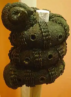 Tête de bâton ornementale en bronze d'Igbo-Ukwy du IXe&nbsp;siècle.