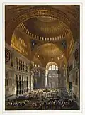 Restauration de Sainte-Sophie à Constantinople en 1852, vue de la grande nef (Lithographie de Louis Haghe)