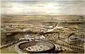 Vue aérienne de Madrid montrant la Porte d'Alcalá et son arène. Lithographie datant approximativement de 1854, par Alfred Guesdon.