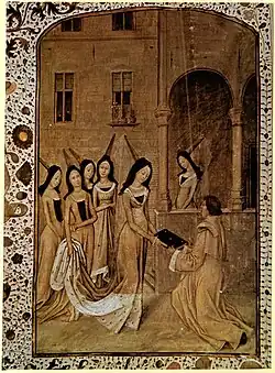 Jean de Meung présentant sa traduction en français De la consolation de la philosophie à la reine Marguerite d'Anjou, fin XVe&nbsp;siècle.
