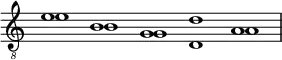 \new Staff \with {\remove "Time_signature_engraver"}{\time 5/1\clef "G_8" { << {e'1 b g d' a} \\ {e' b g d a} >>}}