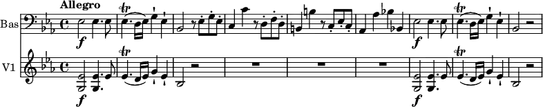 <<
\new Staff \with { instrumentName = #"Bas"} \relative c {
\clef "bass"
\tempo "Allegro"
\key ees \major
\time 4/4
\tempo 4 = 130
ees2 \f ees4. ees8 ees4. \trill (d16 ees) g4-! ees-!
bes2 r8 ees8-. g-. ees-.
c4 c' r8 d,8-. f-. d-.
b4 b' r8 c,-. ees-. c-.
aes4 aes' bes! bes,!
ees2 \f ees4. ees8 ees4. \trill (d16 ees) g4-! ees-!
bes2 r2
}
\new Staff \with { instrumentName = #"V1 "} \relative c' {
\clef "treble"
\key ees \major
\time 4/4
<g ees'>2 \f <g ees'>4. ees'8
ees4. \trill (d16 ees) g4-! ees-! bes2 r
R1*3
<g ees'>2 \f <g ees'>4. ees'8
ees4. \trill (d16 ees) g4-! ees-! bes2 r
}
>>