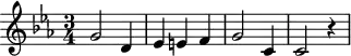\header {
tagline = ##f
}
\score {
\new Staff \with {
}
<<
\relative c'' {
\key ees \major
\time 3/4
\tempo 4 = 80
\override TupletBracket #'bracket-visibility = ##f
%\autoBeamOff
\set Staff.midiInstrument = #"string ensemble 1"
%%%%%%%%%%%%%%%%%%%%%%%%%% AB 3-2 th2
g2 d4 ees e! f g2 c,4 c2 r4
}
>>
\layout {
\context { \Score \remove "Metronome_mark_engraver"
}
}
\midi {}
}