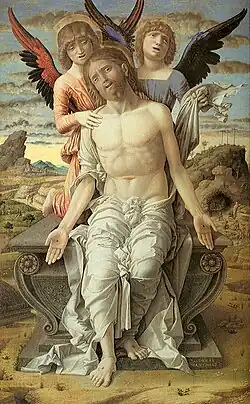 Andrea Mantegna Christ mort soutenu par deux anges, 1489, 83&nbsp;×&nbsp;51&nbsp;cm Copenhague, Statens Museum for Kunst.