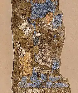 Dignitaires turcs rendant visite au roi Varkhuman à Samarkand. L'un d'eux est renseigné comme provenant d'Argi (Karachahr, au Xinjiang moderne)[5],[6].