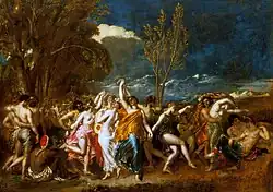 Scène de danse réaliste : groupe de personnages nus et vêtus, hommes et femmes, célébrant dans un paysage bucolique. Mouvements expressifs, couleurs vibrantes, atmosphère joyeuse, style narratif évoquant la mythologie antique.