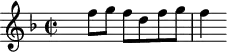 \version "2.18.2"
\header {
tagline = ##f
}
\score {
\new Staff \with {
}
<<
\relative c'' {
\key d \minor
\time 2/2
\override TupletBracket #'bracket-visibility = ##f
%%%%%% K. 552, motif
s4 f8 g f d f g | f4
}
>>
\layout {
\context { \Score \remove "Metronome_mark_engraver" }
}
}