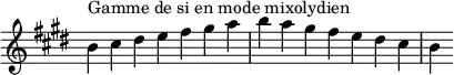 {
\override Score.TimeSignature #'stencil = ##f
\relative c'' {
\key b \mixolydian
\clef treble \time 7/4
b4^\markup { Gamme de si en mode mixolydien } cis dis e fis gis a b a gis fis e dis cis b
} }