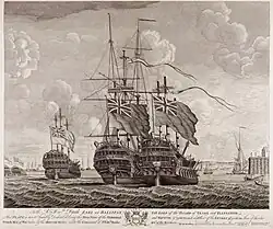 Le Severn, le Terrible et le Neptune sous pavillon anglais vers 1750. Tous les bâtiments capturés sont intégrés à la Royal Navy.