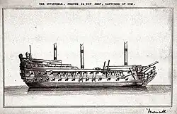 L’Invincible, démâté dans un port britannique. Le vaisseau de 74 canons n'a été saisi qu'après 8 heures de combat et l'épuisement de ses munitions.