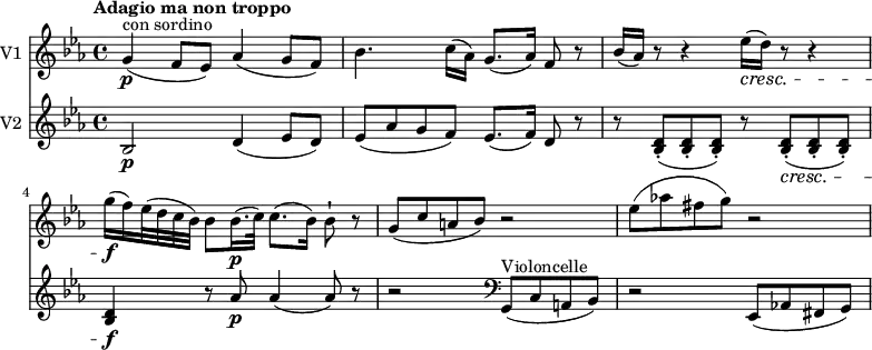 << \new Staff \with { instrumentName = #"V1 "}
\relative c'' {
\version "2.18.2"
\key ees \major
\tempo "Adagio ma non troppo"
\time 4/4
\tempo 4 = 50
g4\p ^ \markup{con sordino} (f8 ees) aes4 (g8 f)
bes4. c16 (aes) g8. (aes16) f8 r
bes16 (aes) r8 r4 ees'16 \cresc (d) r8 r4
g16\f (f) ees32 (d c bes) bes8 bes16.\p (c32) c8. (bes16) bes8-! r
g (c a bes) r2 ees8 (aes! fis g) r2
}
\new Staff \with { instrumentName = #"V2 "} \relative c'' {
\key ees \major
bes,2\p d4 (ees8 d)
ees (aes g f) ees8. (f16) d8 r
r <bes d>8-. (<bes d>8-. <bes d>8-.) r <bes d>8-. \cresc (<bes d>8-. <bes d>8-.)
<bes d>4 \f r8 aes'8 \p aes4 (aes8) r r2
\clef "bass" g,,8 ^ \markup{Violoncelle} (c a bes) r2 ees,8 (aes! fis g)
}
>>