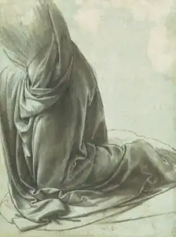 Dessin en noir et blanc d'un drapé sous lequel se devine une jambe.