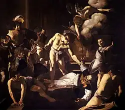 Peinture représentant un vieillard couché, sur lequel un jeune homme s'apprête à abattre une épée.