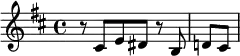{\key b \minor {r8 cis'8 e' dis' r b \bar "|" d' cis'}}