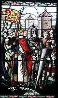 Procès de Richard Cœur de Lion, en 1193. On voit à l’arrière-plan les tours du château de Haguenau, vitrail du Musée historique de la ville