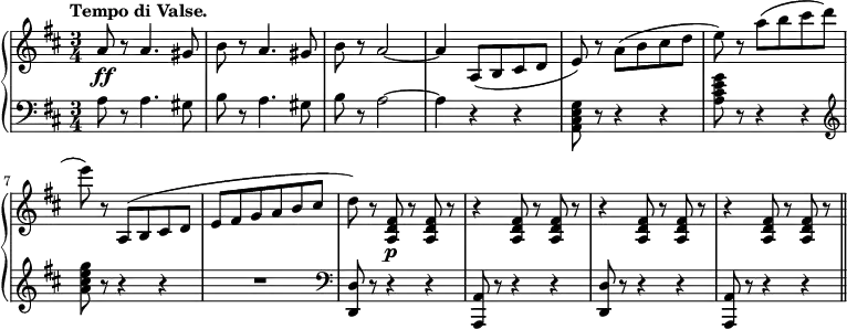 \relative b' {
\new PianoStaff <<
\new Staff {
\key b \minor \time 3/4
\set Score.tempoHideNote = ##t
\tempo "Tempo di Valse." 2. = 64
a8\ff r a4. gis8 | b r a4. gis8 | b r a2 ~ | a4 a,8( b cis d | e) r a( b cis d | e) r a( b cis d | e) r a,,,( b cis d | e fis g a b cis |
d) r <a, d fis>8\p r <a d fis> r | r4 <a d fis>8 r <a d fis> r | r4 <a d fis>8 r <a d fis> | r r4 <a d fis>8 r <a d fis> r | \bar "||"
}
\new Staff {
\key b \minor \time 3/4 \clef bass
a8 r a4. gis8 | b r a4. gis8 | b r a2 ~ | a4 r4 r | <g e cis a>8 r r4 r | <a cis e g>8 r r4 r | \clef treble <a' cis e g>8 r r4 r | R2. |
\clef bass <d,,, d'>8 r r4 r | <a a'>8 r r4 r | <d d'>8 r r4 r | <a a'>8 r r4 r |
}
>>
}