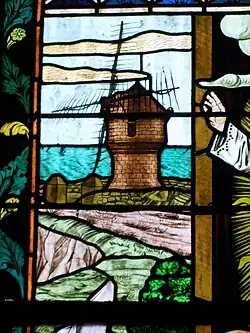 Le moulin de Crémeur, détail d'un vitrail de la chapelle de Pen-Bron.