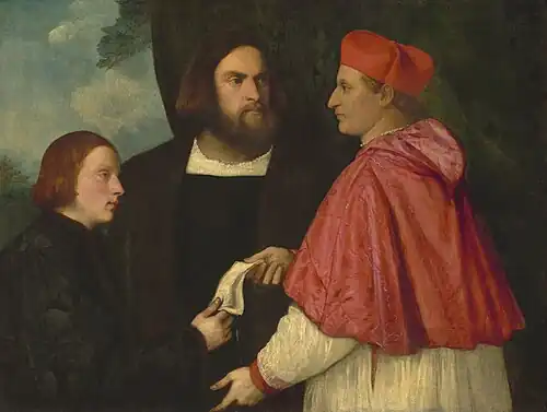Giacomo et le cardinal Marco Corner investissant Andrea, abbé de San Zeno, par un artiste suiveur du Titien, v. 1524
