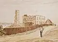 Dessin des ruines du premier couvent de Château-Richer, en 1829 avant la reconstruction