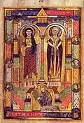 Le moine-prêtre Ratmann remet le codex à l'archange Michel et à l'évêque Bernward.