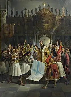 tableau XIXe&nbsp;siècle : une foule autour d'un drapeau blanc à croix bleu