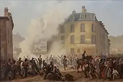 Huile sur toile. À un carrefour des combattants galvanisés par un officier à la jambe de bois resistent dans la fumée à un ennemi.
