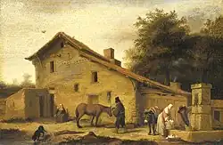 Peinture à l'huile représentant un bâtiment, un cheval et des personnages.