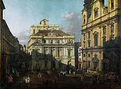 Le nouveau bâtiment (place Ignaz-Seipel, avec l’observatoire ; la chapelle des Jésuites à droite ; Canaletto, 1758-61)