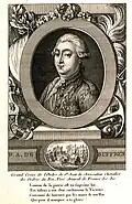 Pierre-André de Suffren vu par une illustration française de 1785, avec une dédicace à sa gloire.