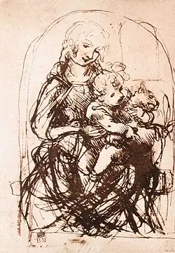 Dessin à l’encre brune de la Vierge Marie tenant sur ses genoux l’Enfant Jésus qui embrasse un chat.