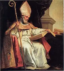 Peinture représentant un vieil homme assis portant une crosse à la main et une mitre sur la tête