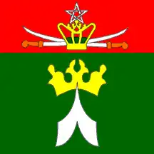 Un drapeau disposé en un rectangle rouge en haut ou sont croisées deux petites épées sous un diadème, la partie inférieure et dominante est un rectangle vert ou apparaît une grande épée à lame fourchue