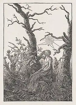 La femme à la toile d'araignée ou Melancholie, gravure sur bois d'après un dessin de 1803 de Caspar David Friedrich[103].
