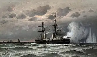 Le nouveau H.M.S. Inflexible en mer lors de ses essais (1880).