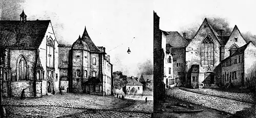 Lithographie de l'hôpital Saint-Yves, à gauche.