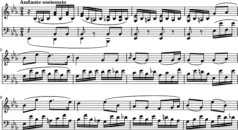 \version "2.18.2"
<<
\new Staff \relative c' {
\clef "treble"
\tempo "Andante sostenuto"
\key ees \major
\time 2/4
r16 bes (a bes <f' aes> bes, <f' aes> bes,)
<ees g> (bes a bes <aes! d> bes <aes d> bes)
<g ees'> bes a bes <g ees'> bes a bes
<g ees'> bes a bes g'8 (aes bes ees d8.) c16
bes4 g8 g
\grace bes16 aes8 (g) f (g16 aes)
g8 (f) g (aes)
bes (g' f8. ees16)
d4 ees8 (bes aes g f g16 aes)
bes8 (g) ees' (bes)
}
\new Staff \relative c {
\clef "bass"
\key ees \major
\time 2/4
\tempo 4 = 60
<<{\stemDown ees,4 _ (d ees bes)} \\ { e'4 \rest \stemUp bes8 bes bes bes\rest bes bes}>>
<ees, bes'>8 r <ees bes'> r
<ees bes'> r ees'16 (ees' f, ees' g, ees' c ees bes ees aes, ees')
g, ees' d ees d ees des ees
c ees bes des aes c f, f'
bes, ees d! bes ees, ees' f, ees'
ees, ees' bes ees a, c f a,
bes f' bes, aes! g ees' d des
c ees bes ees aes, d! bes aes
g bes ees bes g ees' d des
}
>>