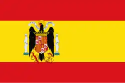 Drapeau de l'Espagne franquiste, modèle utilisé entre le 2 février 1938 et le 11 octobre 1945, le drapeau espagnol porte l'aigle de Saint Jean.