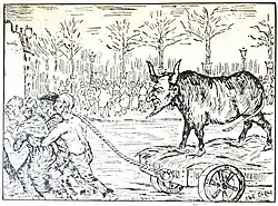 Gravure figurant un bœuf cornu à tête humaine sur un char tiré par des hommes et des femmes