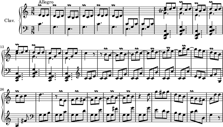 \version "2.18.2"
\header {
tagline = ##f
}
%% les petites notes
trillFqq = { \tag #'print { f8\prall } \tag #'midi { \times 2/3 { g32 f g } f16 } }
trillEqq = { \tag #'print { e8\prall } \tag #'midi { \times 2/3 { f32 e f } e16 } }
trillDqq = { \tag #'print { d8\prall } \tag #'midi { \times 2/3 { e32 e f } d16 } }
trillCqq = { \tag #'print { c8\prall } \tag #'midi { \times 2/3 { d32 c d } c16 } }
trillBqq = { \tag #'print { b8\prall } \tag #'midi { \times 2/3 { c32 b c } b16 } }
trillAqq = { \tag #'print { a8\prall } \tag #'midi { \times 2/3 { b32 a b } a16 } }
trillGqq = { \tag #'print { g8\prall } \tag #'midi { \times 2/3 { a32 g a } g16 } }
trillC = { \tag #'print { < g c >4.-\tweak X-offset #-3 -\tweak extra-offset #'(1.5 . 5.6)\trill } \tag #'midi { << { \times 2/3 { d32 c d } c16~ c16~ c8. } \\ { g4. } >> } }
% {
% c''-\tweak X-offset #-3 -\tweak extra-offset #'(1.5 . +2.5) \trill
%}
upper = \relative c' {
\clef treble
\key c \major
\time 3/8
\tempo 4. = 92
\set Staff.midiInstrument = #"harpsichord"
s8*0^\markup{Allegro} \trillEqq d8 e | \trillDqq c8 d | \trillCqq b8 c | \trillDqq c8 d | \trillEqq d8 e | \trillDqq c8 d | \stemUp \change Staff = "lower" c8 g c | c8 g c |
% ms. 9
\stemDown \change Staff = "upper" << { e'8 d e | \trillDqq c8 d | \trillCqq b8 c | \trillDqq c8 d | \trillEqq d8 e | \trillDqq c8 d | c g c | c g c } \\ { \trillC | g'4. e g c g e e } >> c'4 r8
% ms. 18
r8 \trillBqq a8~ | a \trillCqq b8~ | b \trillDqq c8~ | c \trillEqq d8~ | d \trillFqq e8~ | e \trillAqq g8~ | g f e | \trillDqq c8 b | \trillCqq b8 c |
% ms. 27
d4. | b8\rest \trillFqq e8~ | f \trillGqq fis8~ | fis \trillAqq g8~ | g \trillBqq a8~ | a \trillCqq b8 | r4 d8 | g fis g | d c b |
% ms. 36
\trillAqq g8 fis | g d' d |
}
lower = \relative c' {
\clef bass
\key c \major
\time 3/8
\set Staff.midiInstrument = #"harpsichord"
% **************************************
c4. g e g c g e e |
% ms. 9
\repeat unfold 3 { < c, f g c >4. < g' c d g > } < c, f g c >4. q | \clef treble c''8 c e |
% ms. 18
c8 c f | c c g' | c, c a' | c, c b' | c, c c' | c, c c' | e, d c | f g g, | a4 fis'8 |
% ms. 27
\clef bass g,8 g b | g g c | g g d' | g, g e' | g, g fis' | g, g g' | g, g g' | e d c | b a g |
% ms. 36
c8 d d, | g4 r8
}
thePianoStaff = \new PianoStaff <<
\set PianoStaff.instrumentName = #"Clav."
\new Staff = "upper" \upper
\new Staff = "lower" \lower
>>
\score {
\keepWithTag #'print \thePianoStaff
\layout {
#(layout-set-staff-size 17)
\context {
\Score
\override SpacingSpanner.common-shortest-duration = #(ly:make-moment 1/2)
\remove "Metronome_mark_engraver"
}
}
}
\score {
\keepWithTag #'midi \thePianoStaff
\midi { }
}
