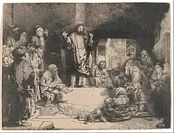 Gravure représentant le Christ au centre de la composition, les mains écartées en attitude de prêche devant une assemblée, dans la rue.
