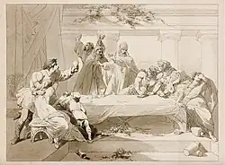 Des religieux se scandalisent d'un banquet où sont attablés de nombreux convives, dont plusieurs lèvent leur coupe en signe de célébration.