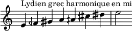 {
\override Score.TimeSignature #'stencil = ##f
\relative c' {
\clef treble \time 7/4
e4^\markup { Lydien grec harmonique en mi } feh gisih a aih cisih disih e2
}}