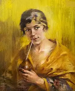 Odette Labouysse buvant du maté, crayon sur papier