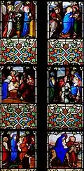 Six scènes sont représentées (de gauche à droite, et de haut en bas) : l'Annonciation, la Visitation, l'adoration des bergers, l'adoration des mages, la circoncision de Jésus, la fuite en Égypte