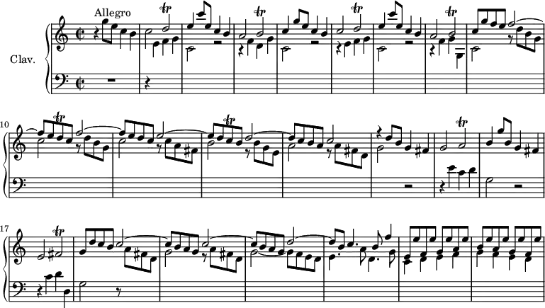 \version "2.18.2"
\header {
tagline = ##f
% composer = "Domenico Scarlatti"
% opus = "K. 117"
% meter = "Allegro"
}
%% les petites notes
trillDb = { \tag #'print { d2\trill } \tag #'midi { e32 d e d~ d8~ d4 } }
trillBb = { \tag #'print { b2\trill } \tag #'midi { c32 b c b~ b8~ b4 } }
trillDq = { \tag #'print { d8\trill } \tag #'midi { e32 d e d } }
trillAb = { \tag #'print { a2\trill } \tag #'midi { b32 a b a~ a8~ a4 } }
trillCq = { \tag #'print { c8\trill } \tag #'midi { d32 c d c } }
trillFisb = { \tag #'print { fis2\trill } \tag #'midi { g32 fis g fis~ fis8~ fis4 } }
upper = \relative c'' {
\clef treble
\key c \major
\time 2/2
\tempo 2 = 80
\set Staff.midiInstrument = #"harpsichord"
\override TupletBracket.bracket-visibility = ##f
s8*0^\markup{Allegro}
r4 g'8 e c4 b | c2 \stemUp \trillDb | e4 c'8 e, c4 b a2 \trillBb |
% ms. 5 … 9
c4 g'8 e c4 b | c2 \stemUp \trillDb | e4 c'8 e, c4 b a2 \trillBb | c8 g' f e f2^~ |
% ms. 10
f8 e \trillDq c8 f2^~ | f8 e d c e2^~ | e8 d \trillCq b8 d2^~ | d8 c b a c2 |
% ms. 14
r4 d8 b g4 fis | g2 \trillAb | b4 g'8 b, g4 fis | e2 \trillFisb | g8 d' c b c2^~ |
% ms. 19
c8 b a g c2^~ | c8 b a g d'2^~ | d8 b c4. b8 f'4 | e,8 e' f, e' g, e' a, e' |
% ms. 23
b8 e a, e' g, e' f, e' |
}
lower = \relative c' {
\clef bass
\key c \major
\time 2/2
\set Staff.midiInstrument = #"harpsichord"
\override TupletBracket.bracket-visibility = ##f
% ************************************** \appoggiatura a16 \repeat unfold 2 { } \times 2/3 { } \omit TupletNumber
R1 | r4 \stemDown \change Staff = "upper" e4 f g | c,2 r2 | r4 f4 d g |
% ms. 5
c,2 r2 | r4 e4 f g | c,2 r2 | r4 f4 g g, c2 | \repeat unfold 2 { r8 d'8 b g |
% ms. 10
c2 } r8 c8 a fis | b2 r8 b8 g e | a2 r8 a8 fis d |
% ms. 14
g2 \stemNeutral \change Staff = "lower" r2 | r4 e4 c d | g,2 r2 | r4 c4 d d, | g2 \repeat unfold 2 { r8 \stemDown \change Staff = "upper" a'8 fis d |
% ms. 19
g2_~ } g8 f e d | e4. a8 d,4. g8 | c,4 d e f |
% ms. 23
g4 f e d
}
thePianoStaff = \new PianoStaff <<
\set PianoStaff.instrumentName = #"Clav."
\new Staff = "upper" \upper
\new Staff = "lower" \lower
>>
\score {
\keepWithTag #'print \thePianoStaff
\layout {
#(layout-set-staff-size 17)
\context {
\Score
\override SpacingSpanner.common-shortest-duration = #(ly:make-moment 1/2)
\remove "Metronome_mark_engraver"
}
}
}
\score {
\keepWithTag #'midi \thePianoStaff
\midi { }
}