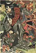 Musashi Miyamoto combattant une chauve-souris monstrueuse, peint par Utagawa Kuniyoshi (1798-1861).